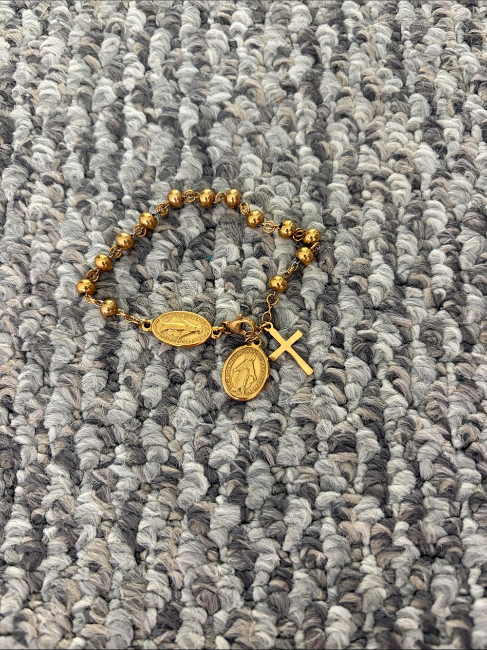 Gold Rosary-Style Beaded Bracelet with Cross and Medallions